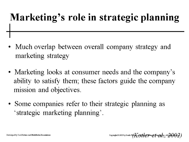 Marketing’s role in strategic planning Much overlap between overall company strategy and marketing strategy